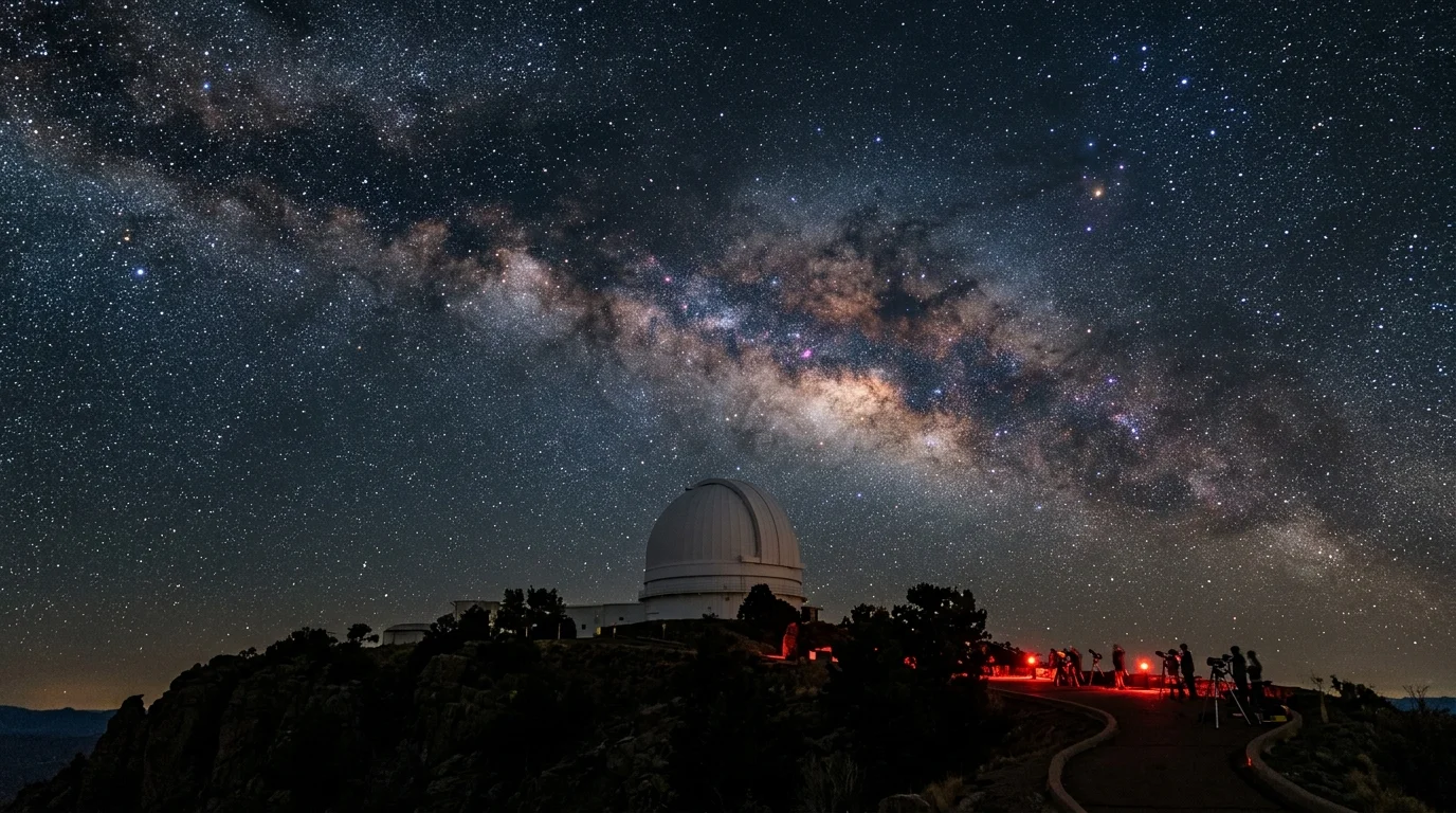 An astronomical observatory dome under a bright Milky Way night sky as people gather along a walkway with telescopes.