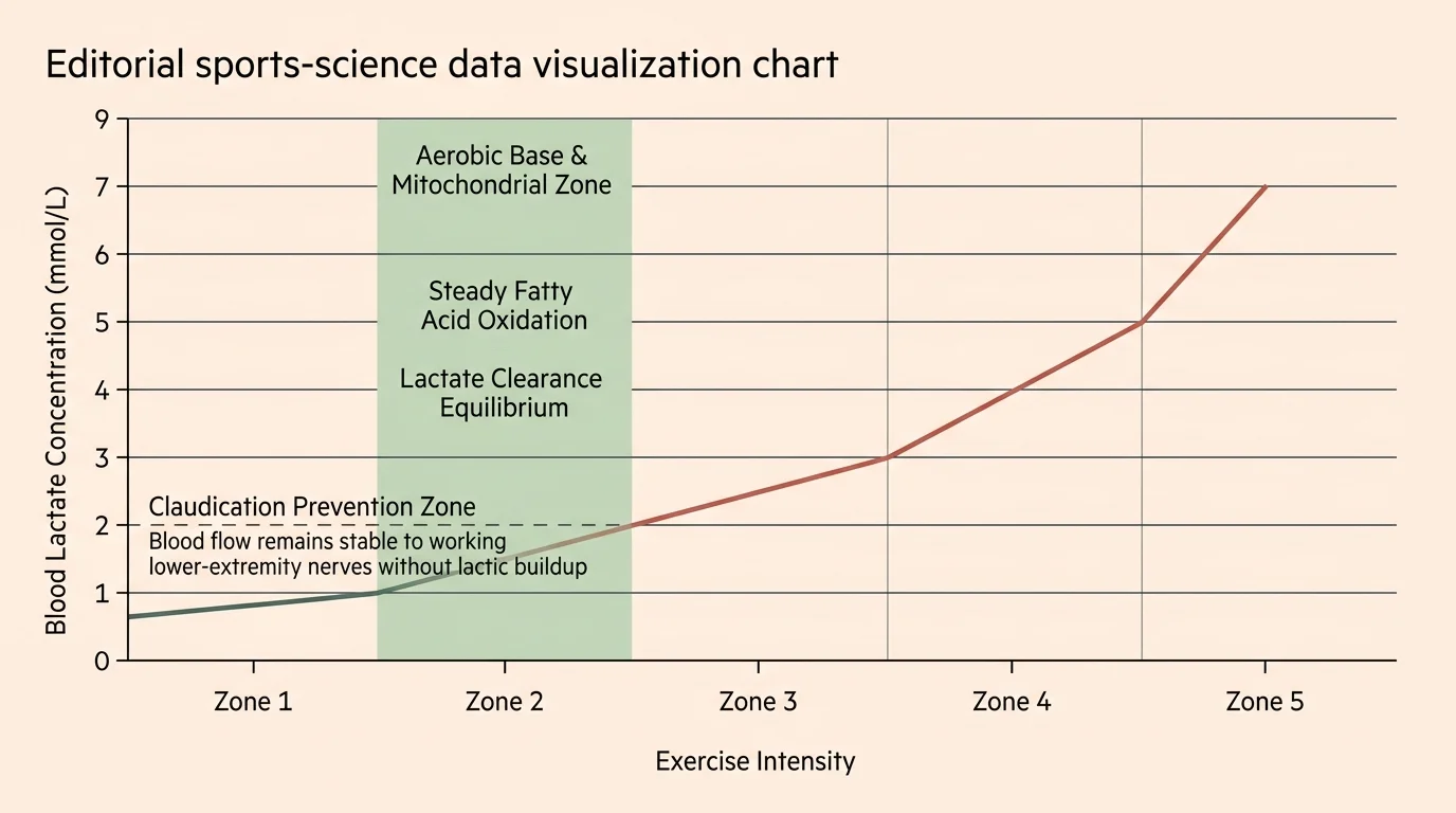 Line graph plotting blood lactate concentration across exercise intensity zones 1 to 5, highlighting Zone 2 in green.