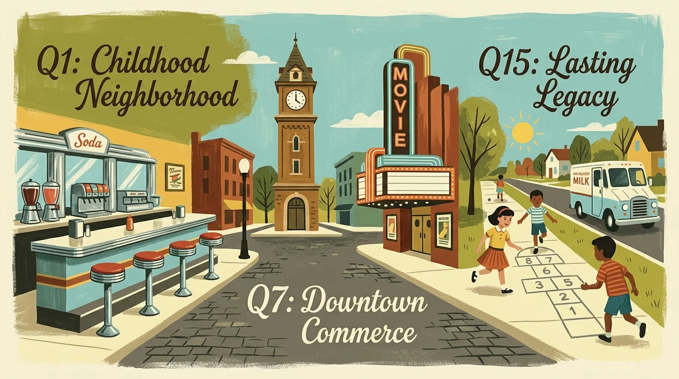 Retro illustration of a mid-century town scene with a diner counter, clock tower, movie theater, and children playing hopscotch.