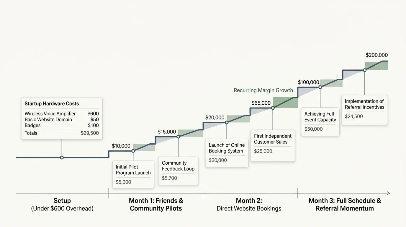 Stepped line chart showing financial progression from setup under $600 to Month 3 milestones reaching $200,000.