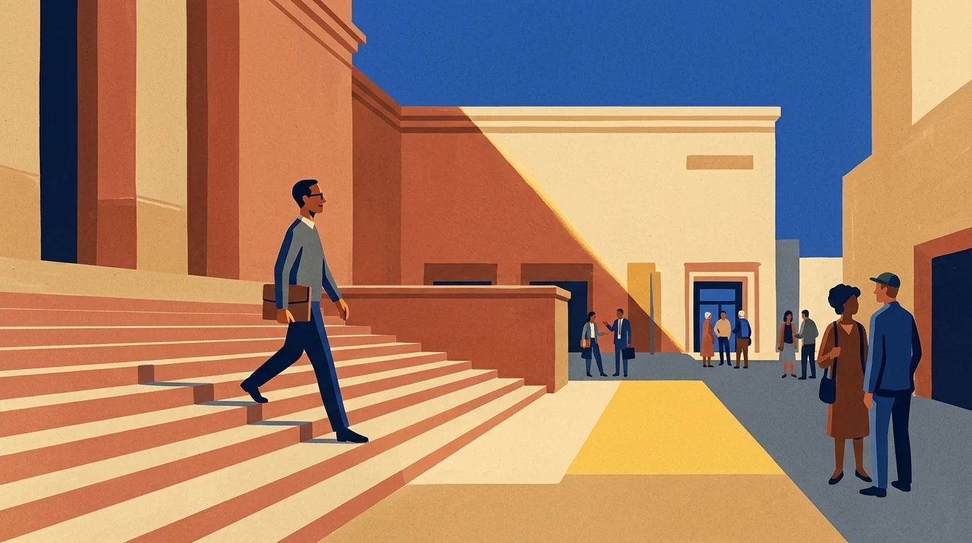 Illustration of a man carrying a portfolio down courthouse steps toward people conversing in a sunny courtyard.
