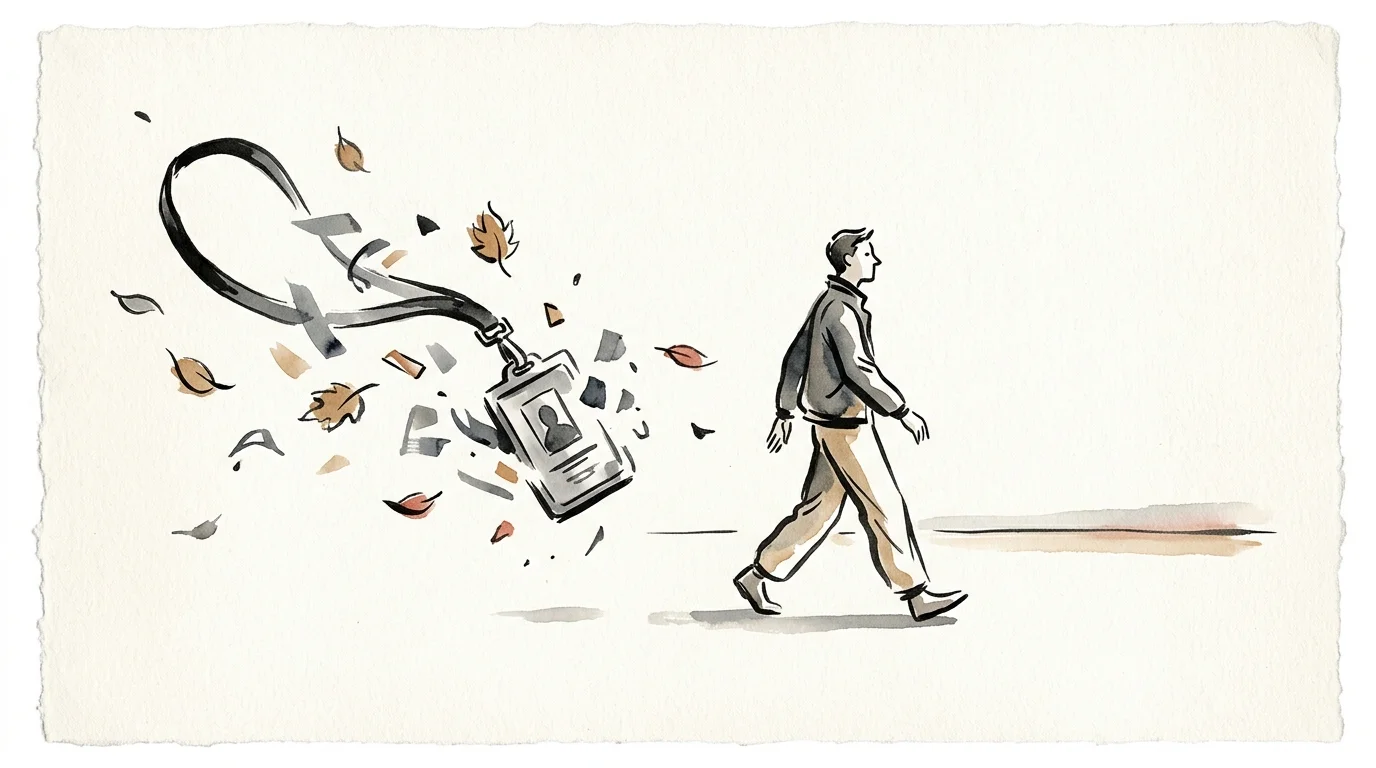 Watercolor illustration of a man walking away as a corporate ID badge breaks into pieces and blowing leaves.