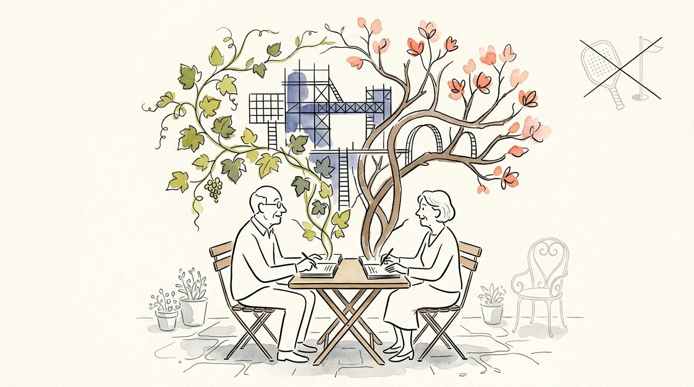 Watercolor of an older couple writing at a table as vines and flowering branches sprout from their open books.
