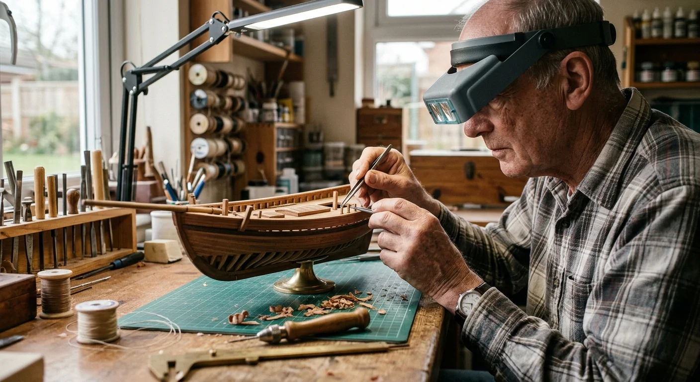 A man wearing an optical head loupe uses tweezers to assemble a detailed wooden model ship on a workshop bench.