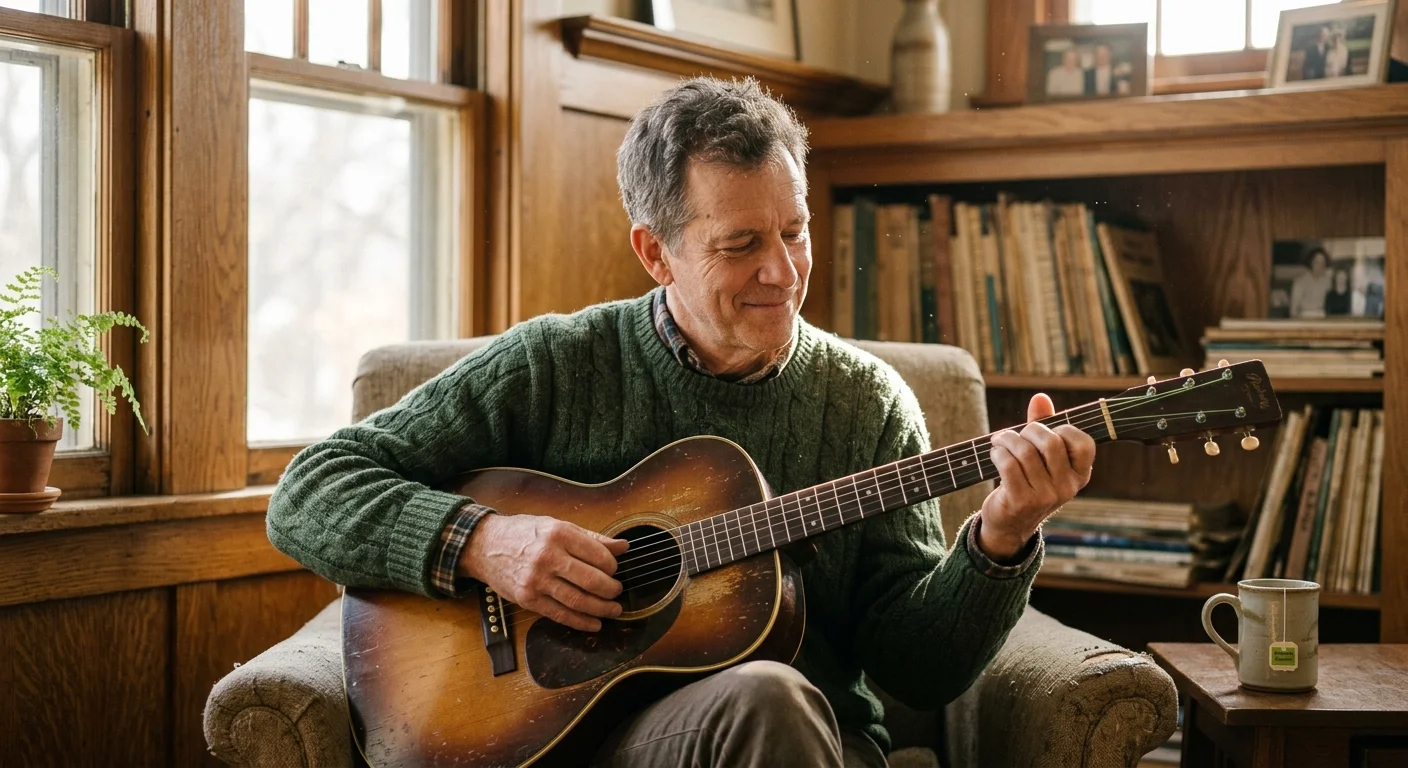 A smiling man in a green sweater sits in an armchair playing a sunburst acoustic guitar in a cozy, sunlit room.