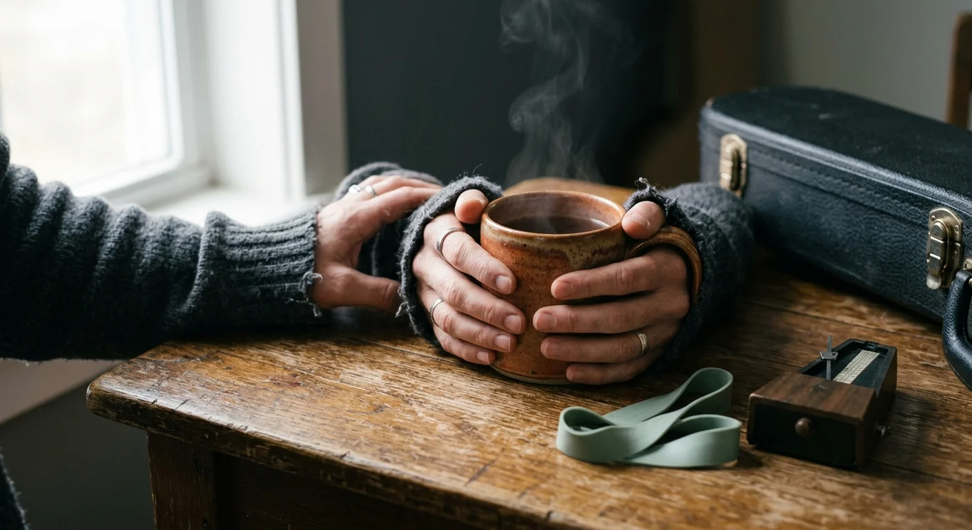 Hands in fingerless gloves holding a steaming ceramic mug on a wooden table beside a metronome and instrument case.