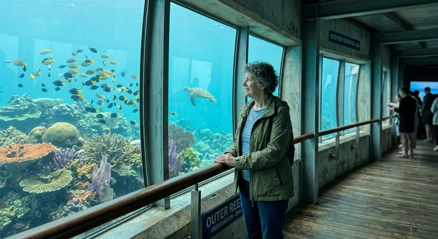 An older woman in a jacket stands by large underwater observation windows viewing coral, tropical fish, and a sea turtle.