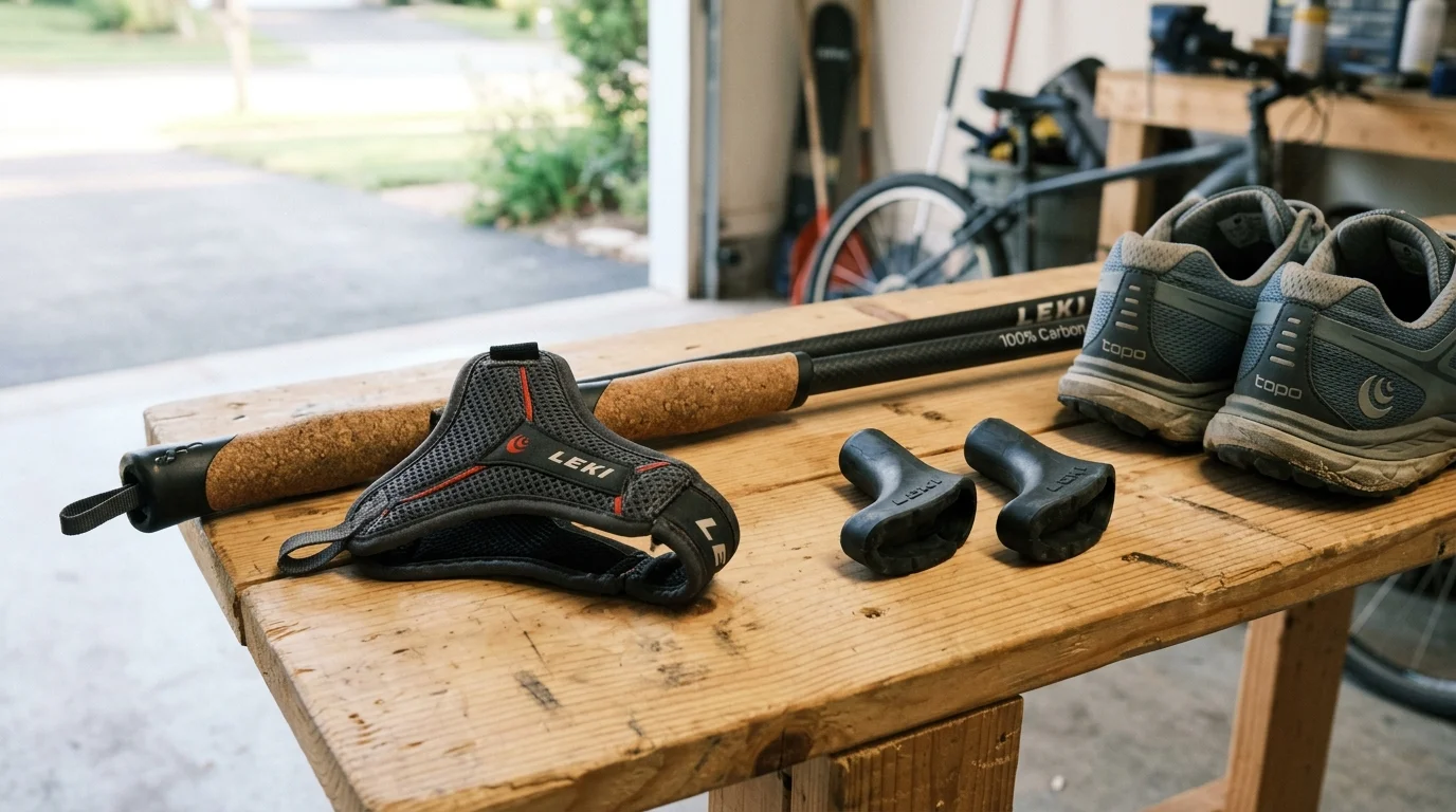 LEKI trekking poles with cork grips, mesh strap, rubber ferrules, and walking shoes on a wooden workbench.
