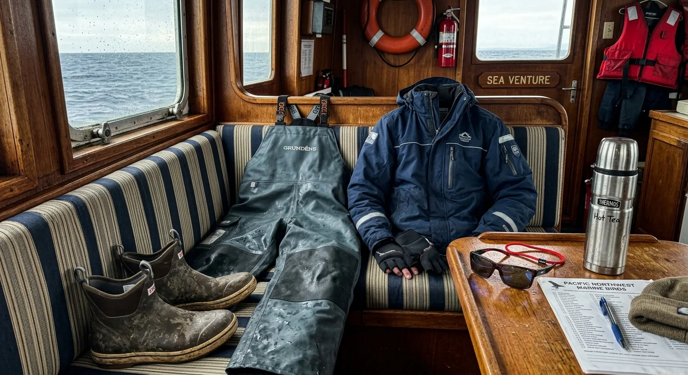 Deck boots, waterproof bib overalls, winter coat, gloves, sunglasses, thermos, and bird checklist inside a boat cabin.