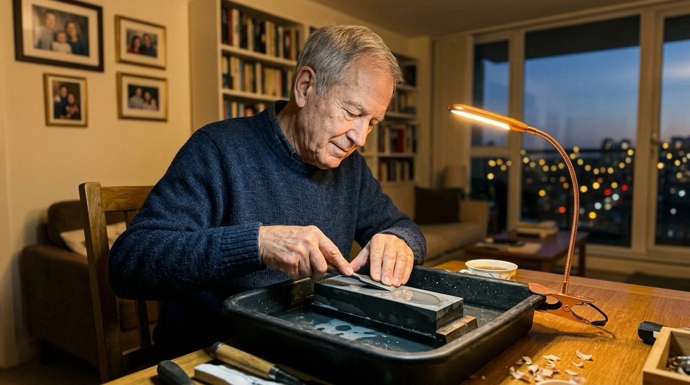 Older man in a sweater sharpening a chisel on a whetstone at an apartment dining table under a small lamp.