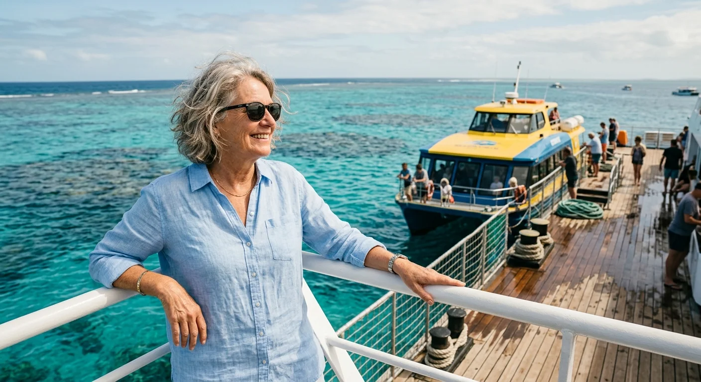 Smiling older woman with sunglasses on a pontoon deck overlooking turquoise reef waters and a yellow catamaran.