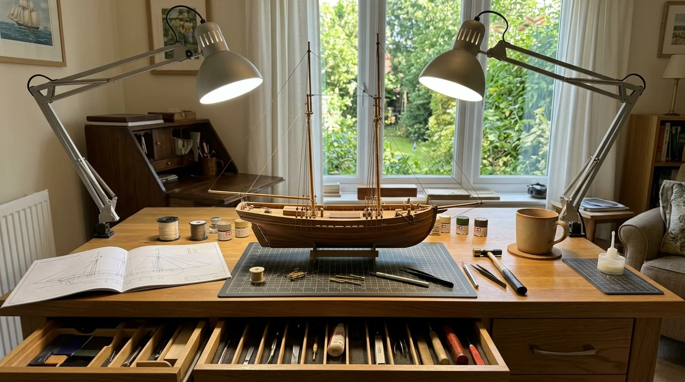 A wooden model ship sits on a workbench between two articulated desk lamps, with blueprints and tools laid out below.
