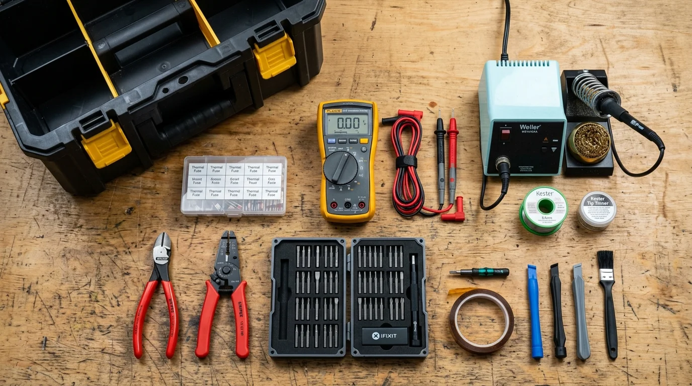 Repair tools laid out on wood, including a multimeter, soldering station, precision screwdriver kit, pliers, and toolbox.