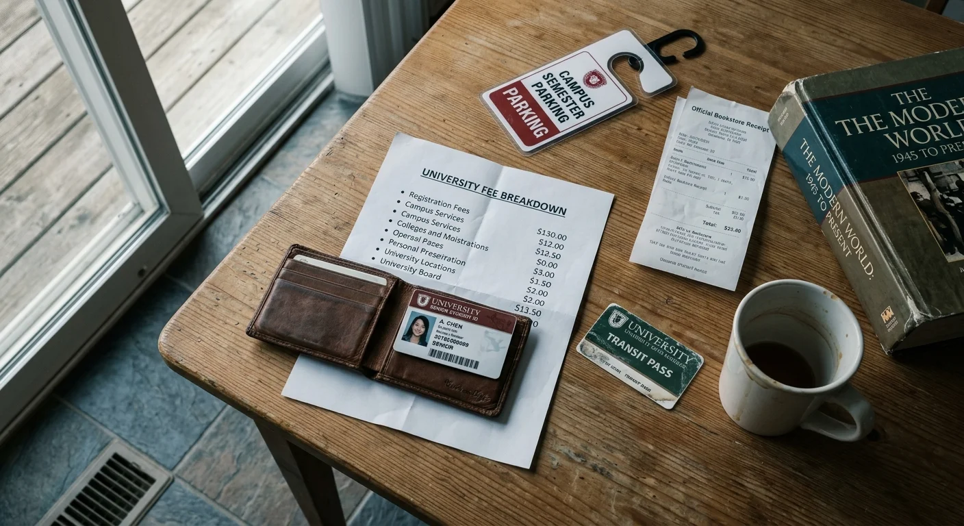 A wooden desk with a university fee breakdown paper, wallet with student ID, parking permit, bookstore receipt, and book.