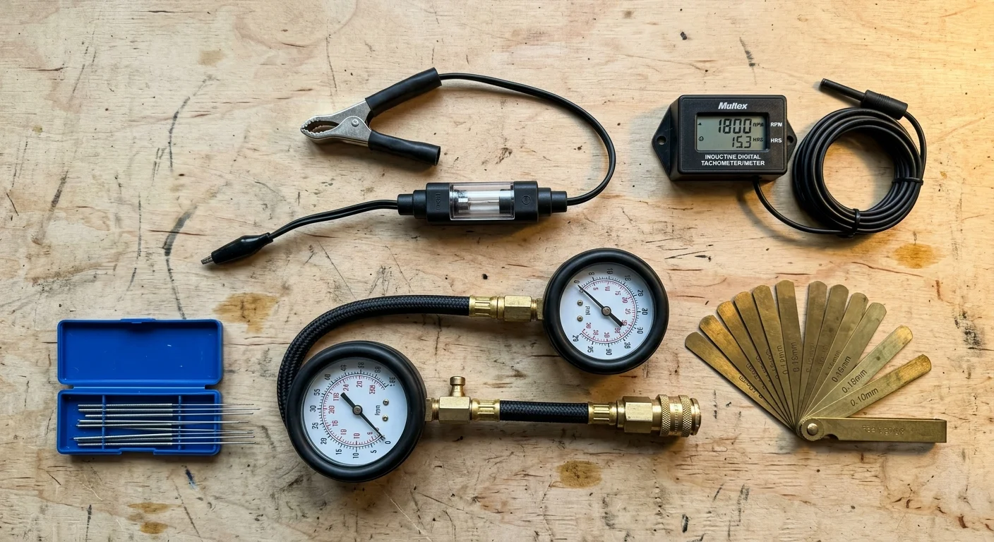 Small engine diagnostic tools including pressure gauges, a digital tachometer, spark tester, and feeler gauges on wood.