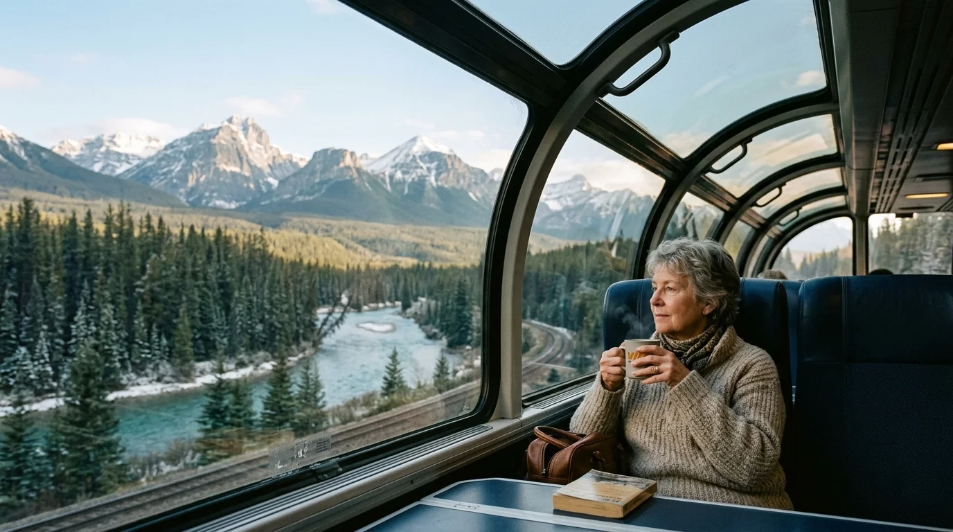 A woman holding a mug looks out a glass-domed train car window at a river, evergreen forest, and snowy mountains.
