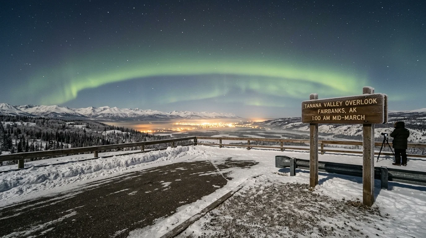 Green aurora arching over a snowy mountain overlook with a wooden sign reading Tanana Valley Overlook and a photographer.