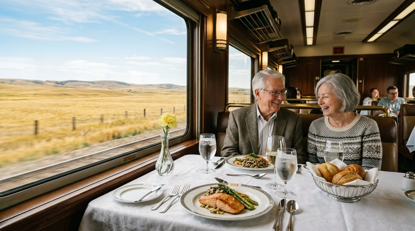 A senior couple smiles while dining on a train beside a large window looking out onto rolling golden plains.