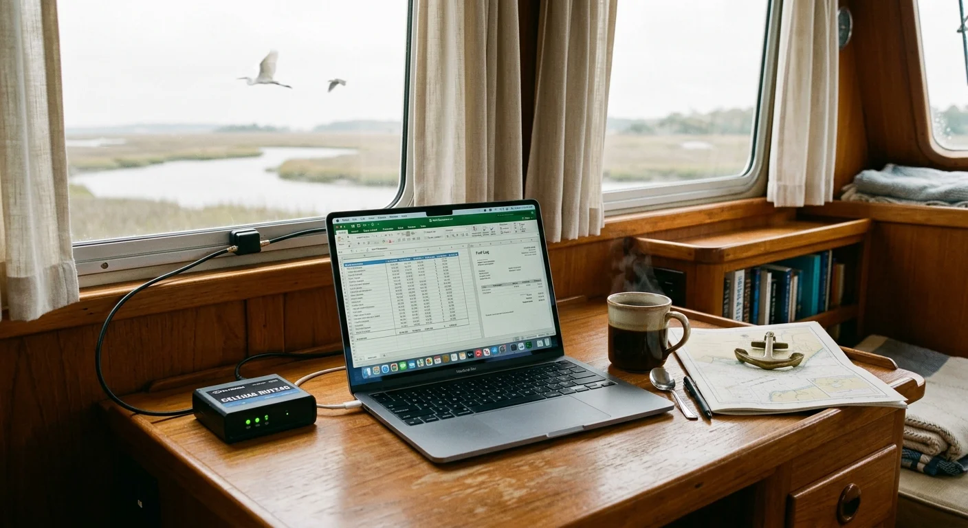 Laptop displaying a spreadsheet beside a cellular router, coffee mug, and chart on a wooden desk inside a boat cabin.