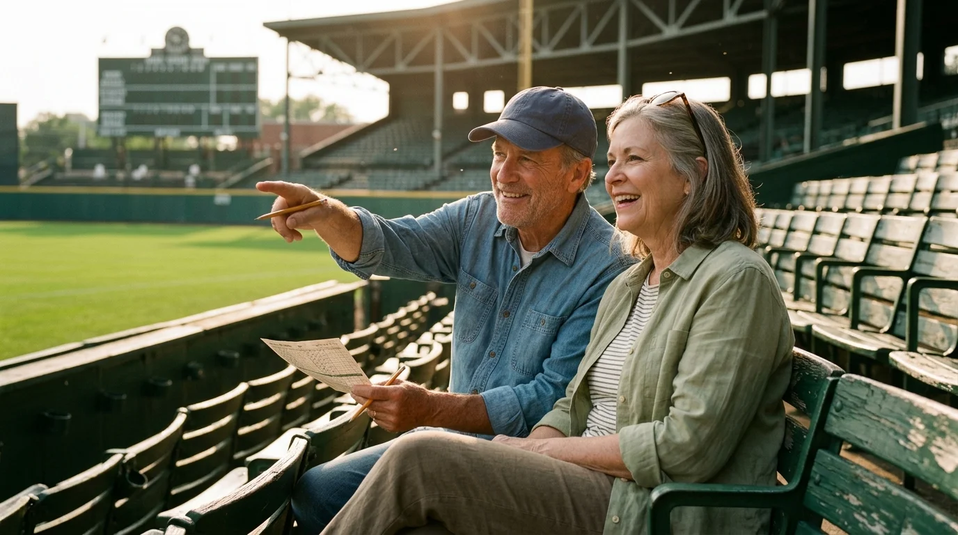 Older man and woman sitting in green wooden stadium bleachers holding a scorecard and pointing toward the baseball field.