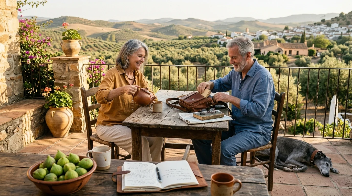 Older couple enjoying tea at a wooden table on a rustic terrace overlooking a hilly countryside village, with a dog resting.