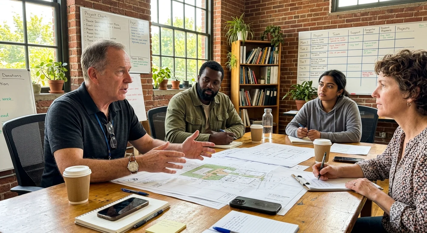 Four colleagues gathered around a wooden conference table covered in architectural plans and notebooks in a bright office.