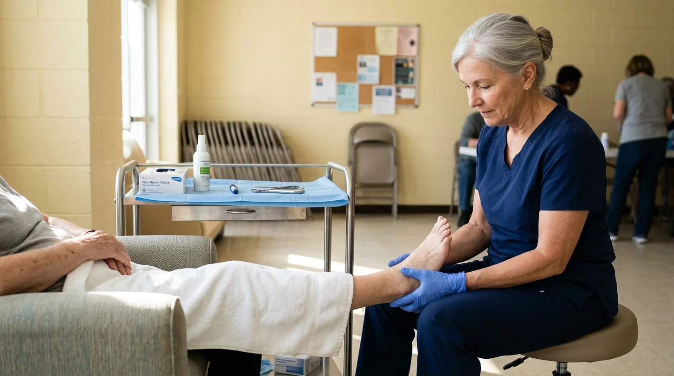 A nurse in blue scrubs and gloves examines an elderly patient's foot beside a metal medical tray cart.