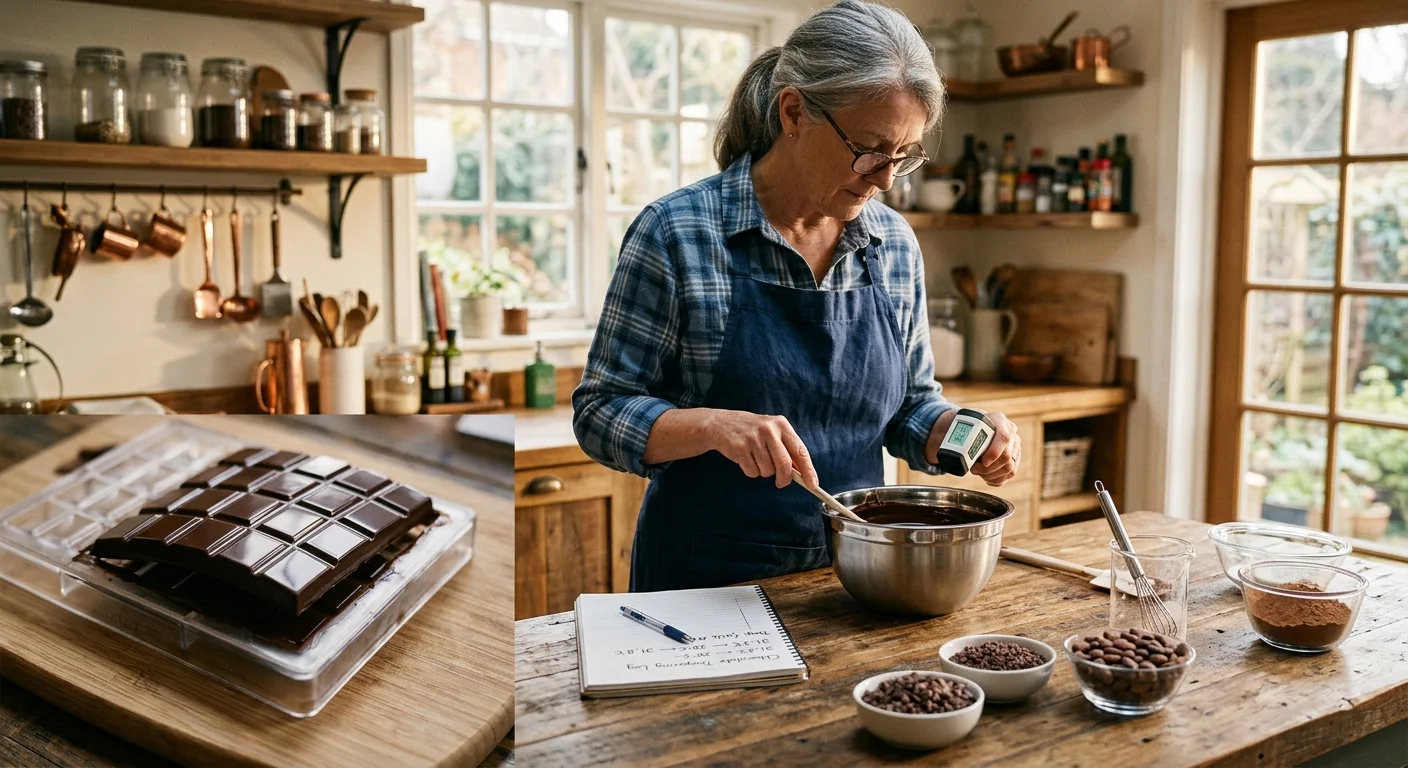 A woman measures melted chocolate with an infrared thermometer near bowls of cacao nibs and a molded dark chocolate bar.