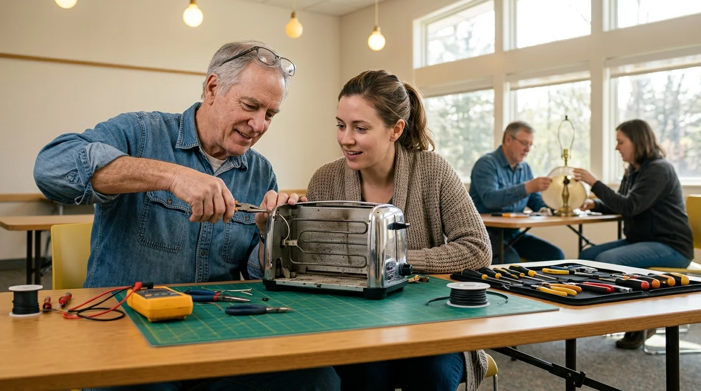 A man uses pliers on a disassembled toaster beside a woman, with tools and a multimeter spread across the table.