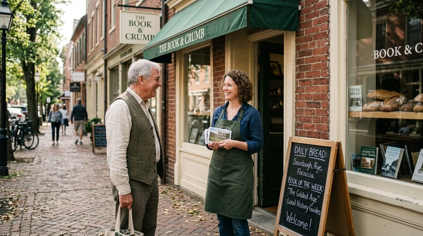 A smiling woman wearing an apron stands outside a brick shop holding cards while talking to an older man on a sidewalk.