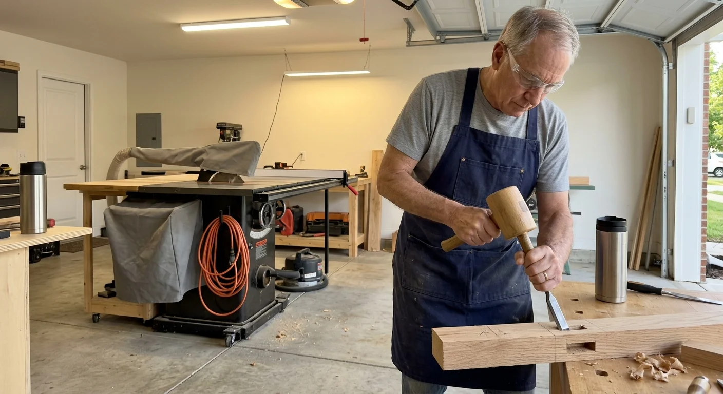 A man in safety glasses and a blue apron carves a mortise into timber using a wooden mallet and chisel in a garage shop.