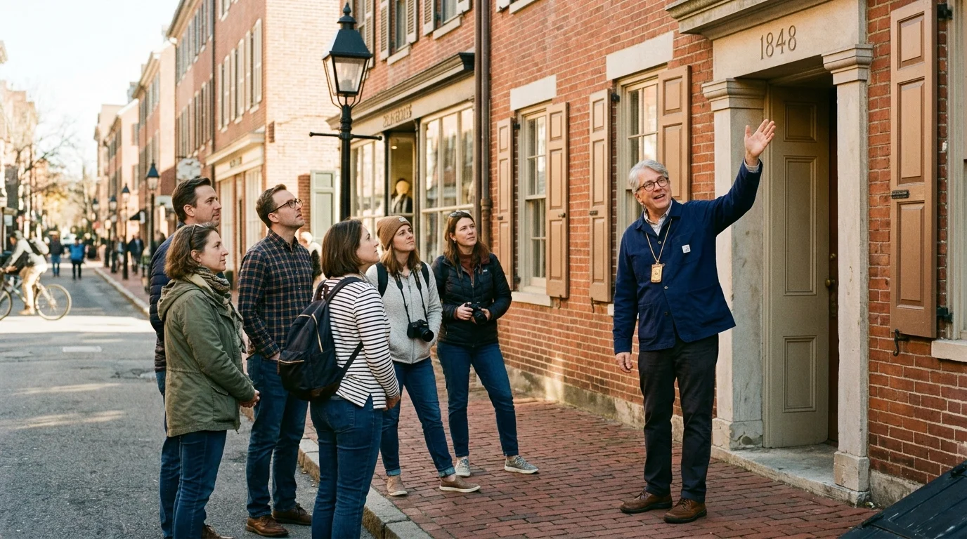 A tour guide in a blue jacket gestures toward a historic brick building while speaking to a group of tourists on a sidewalk.