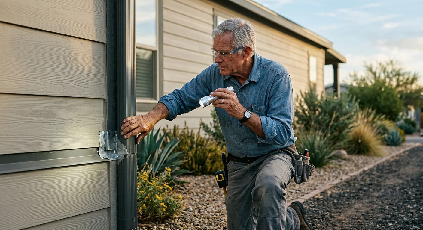 A man wearing safety glasses kneels outdoors, shining a flashlight on a home's exterior siding and downspout.