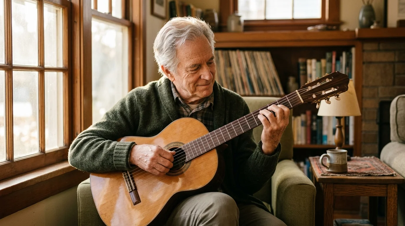 Senior man with gray hair playing a nylon-string classical guitar while sitting in an armchair by a window.