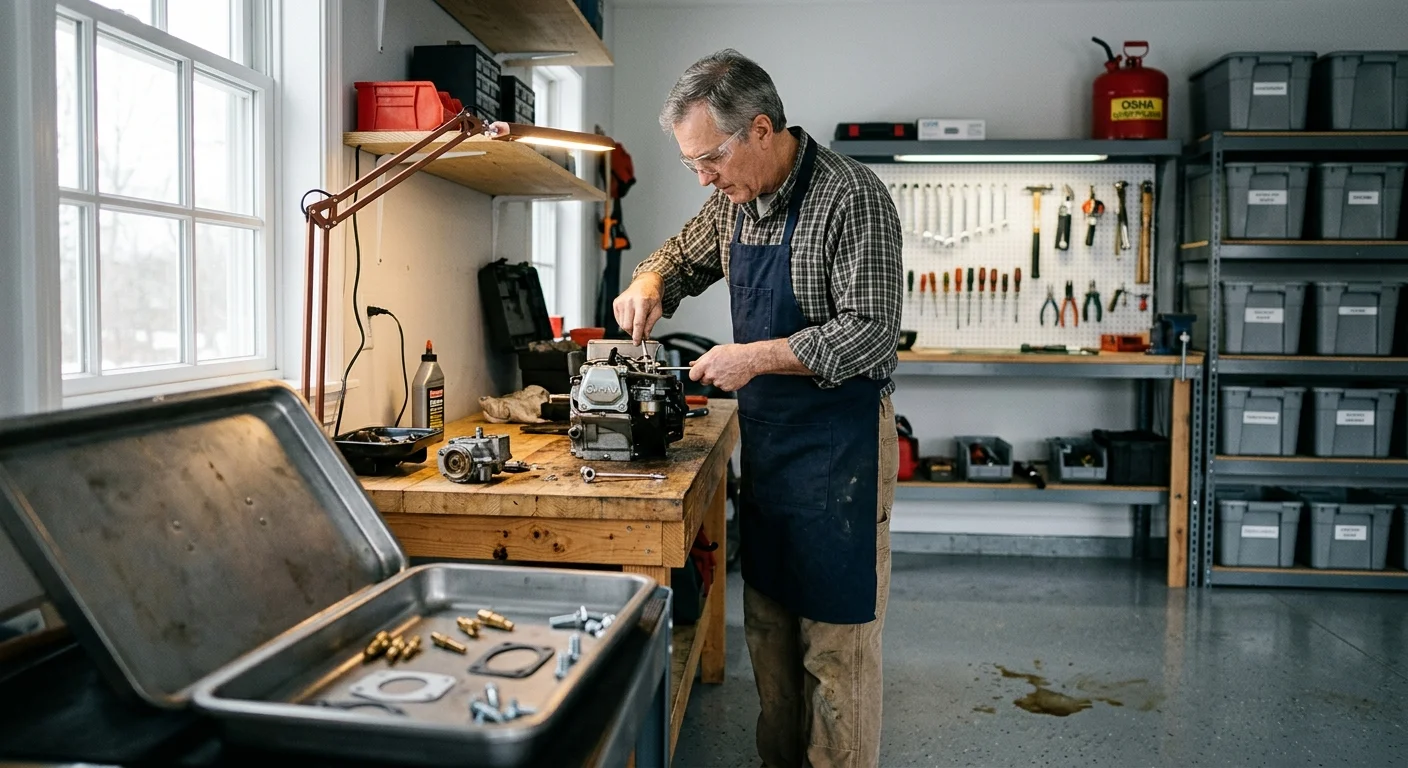 Man in safety glasses and apron repairing a small engine on a wooden workbench inside an organized garage workshop.
