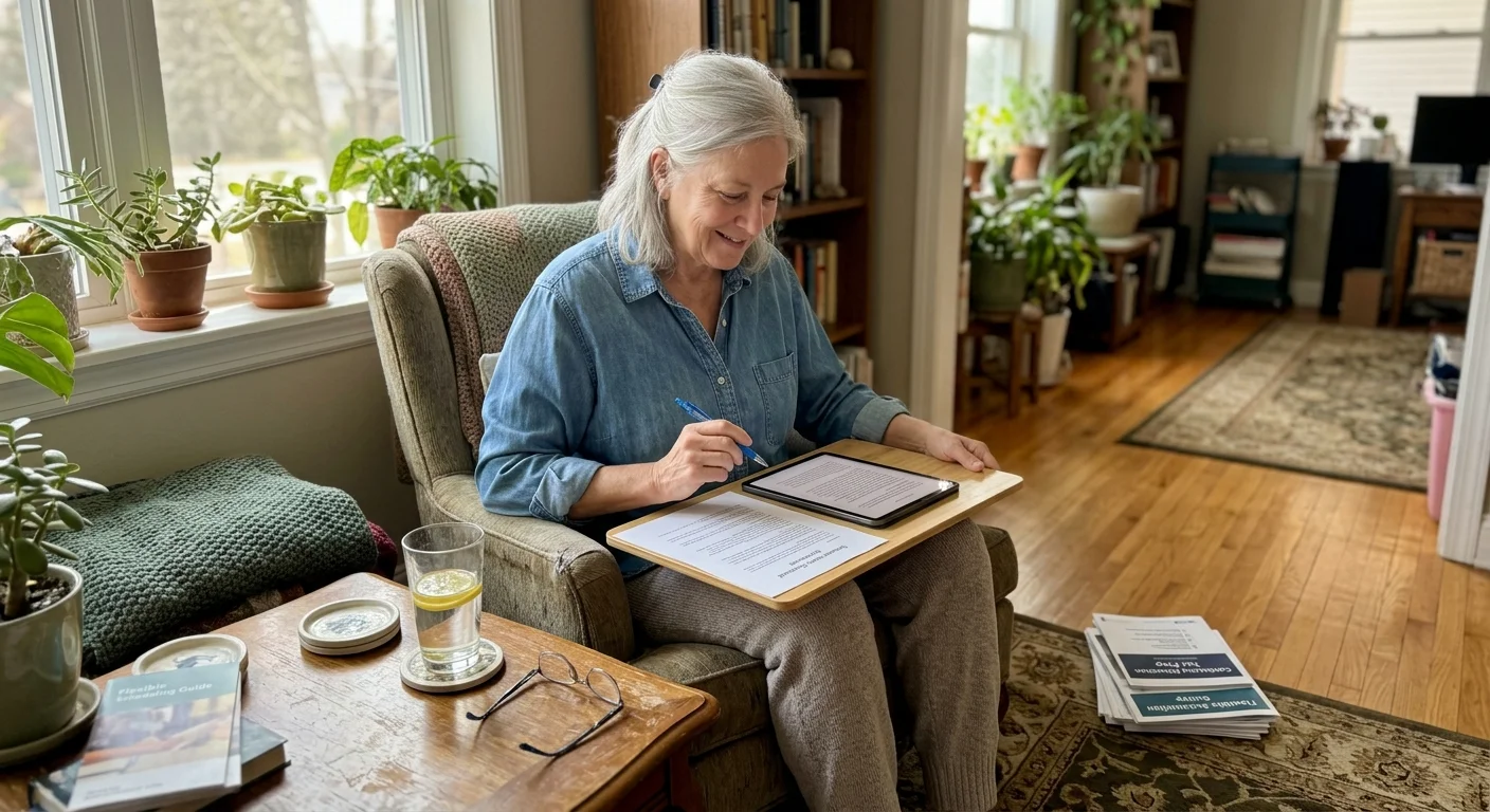 Senior woman sitting in an armchair using a lap desk with a digital tablet and paperwork in a sunlit living room.