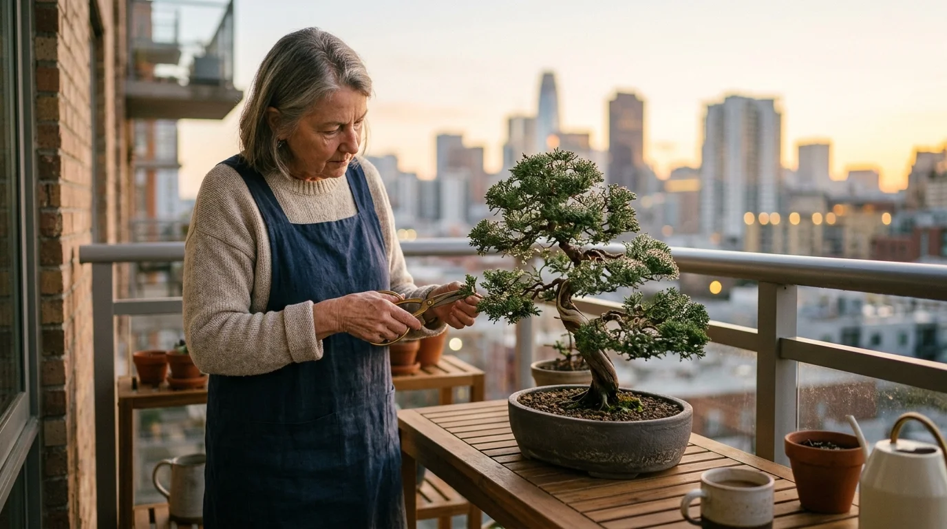 A woman trims a potted juniper bonsai on a high-rise balcony table overlooking a city skyline at sunset.