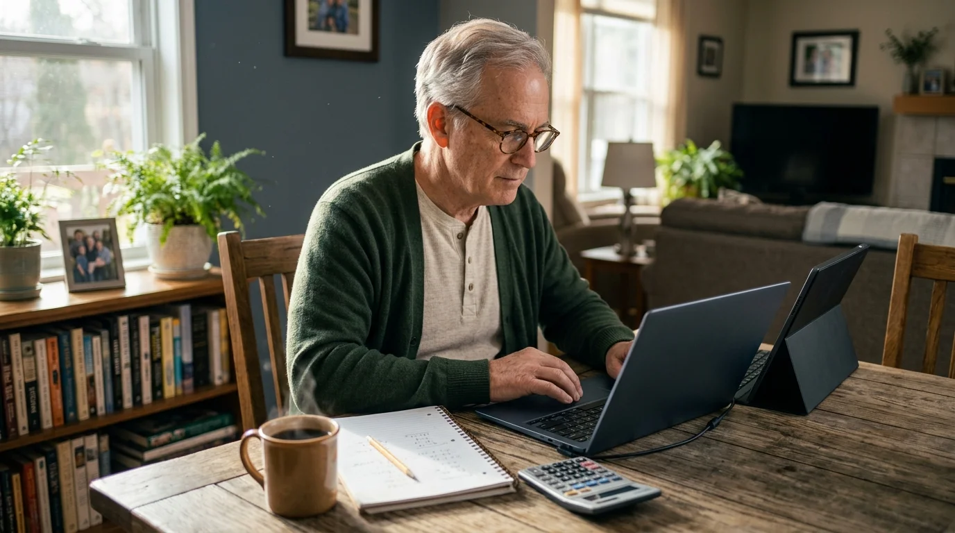 Senior man with glasses using a laptop at a wooden table with a calculator, notepad, and coffee mug.