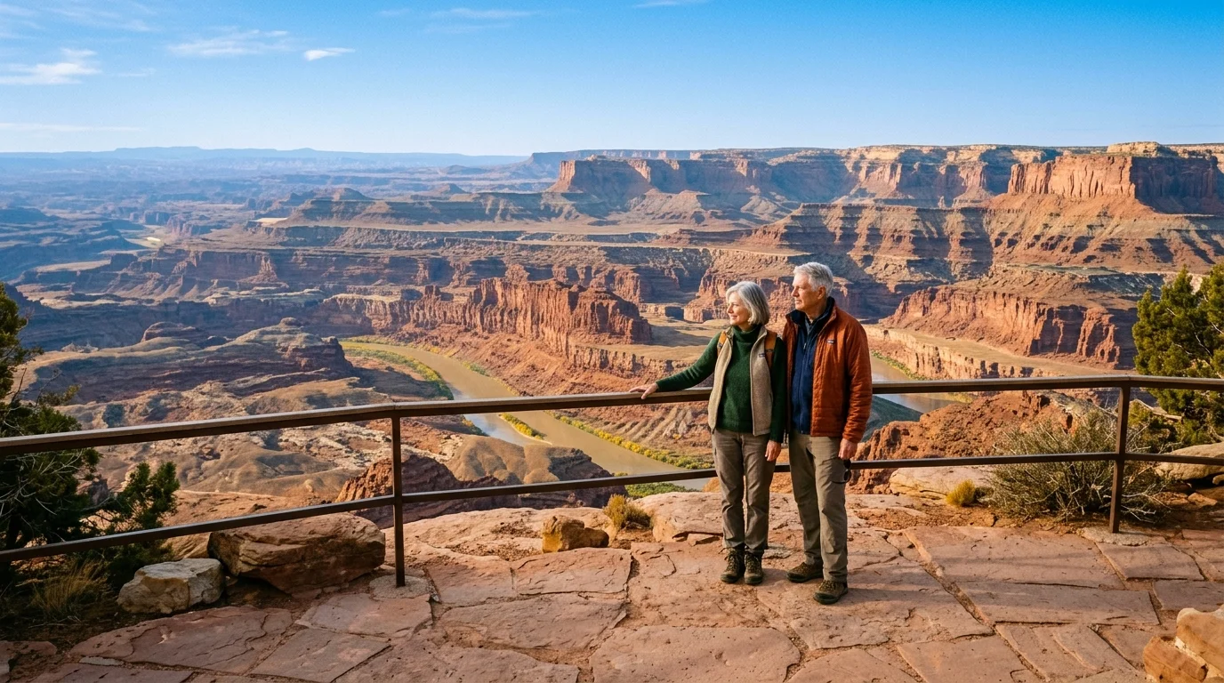 Senior couple standing at a stone overlook with metal railings, viewing a vast canyon and winding river below.