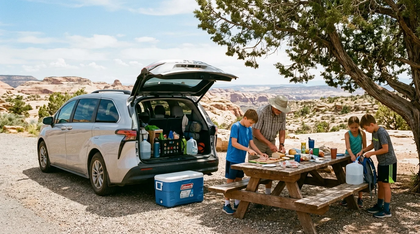 A man and three children prepare sandwiches on a wooden picnic table beside a silver minivan with its tailgate open.
