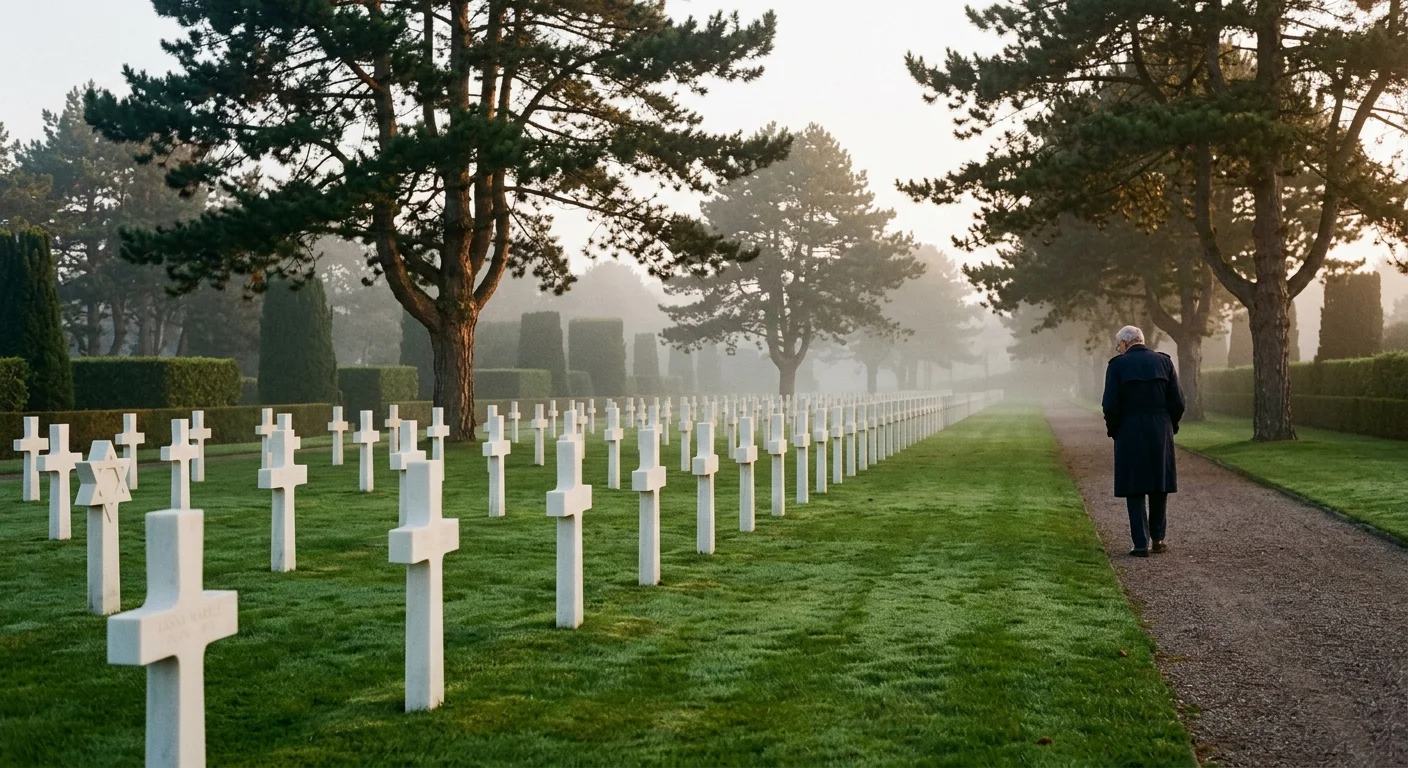 A man in a dark coat walks down a gravel path alongside rows of white cross headstones on a misty green lawn.