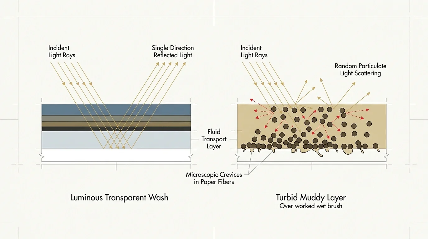 Diagram contrasting light reflection through a transparent wash versus scattering within a turbid muddy paint layer.