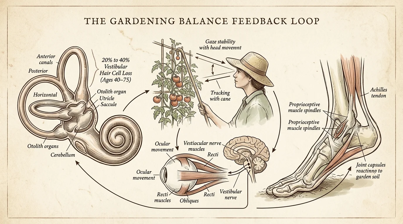 Diagram showing inner ear structures, an eye, a brain, a foot, and a gardener tending plants in a feedback loop.