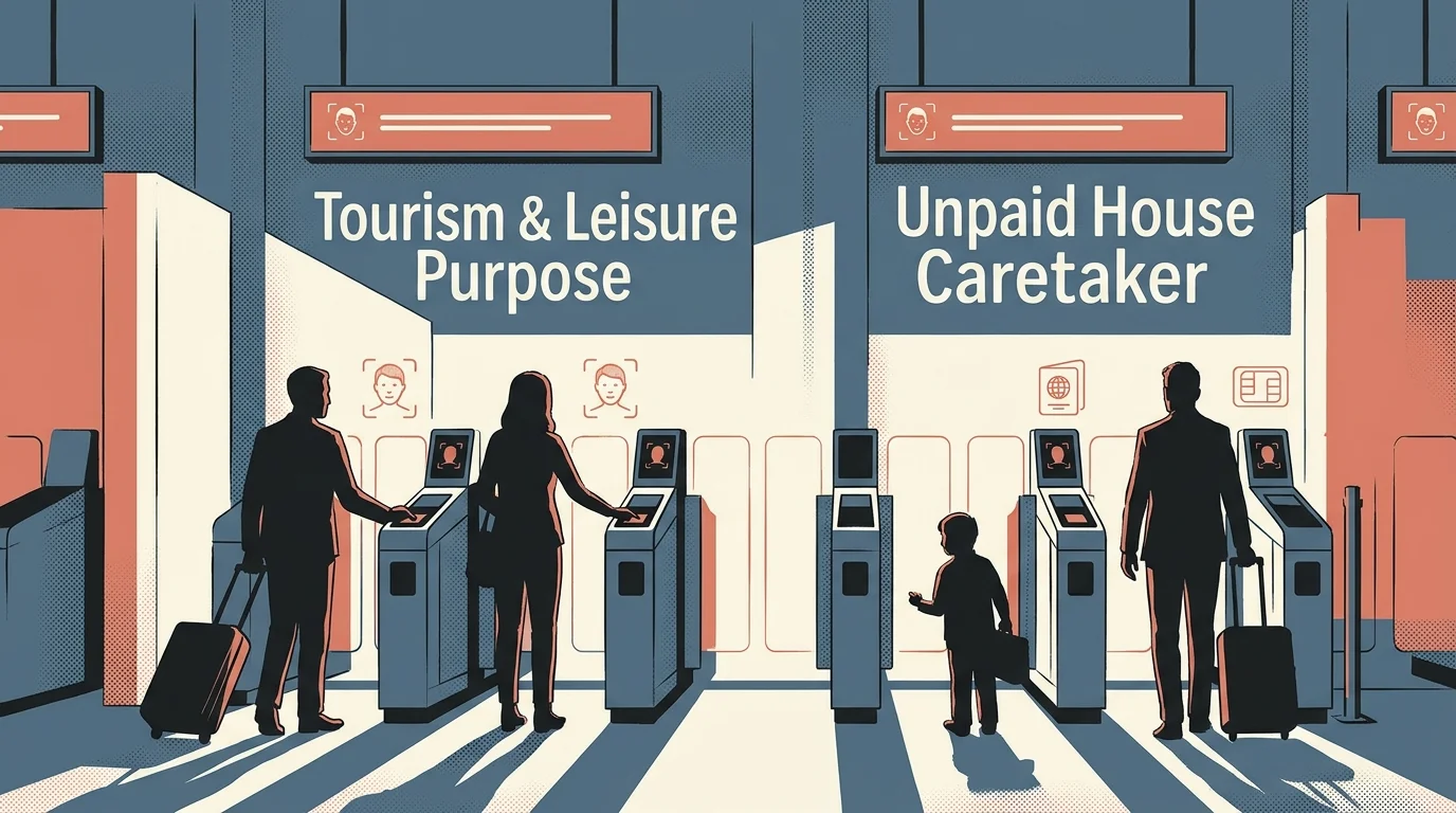 Travelers with luggage use automated border gates labeled Tourism & Leisure Purpose and Unpaid House Caretaker.