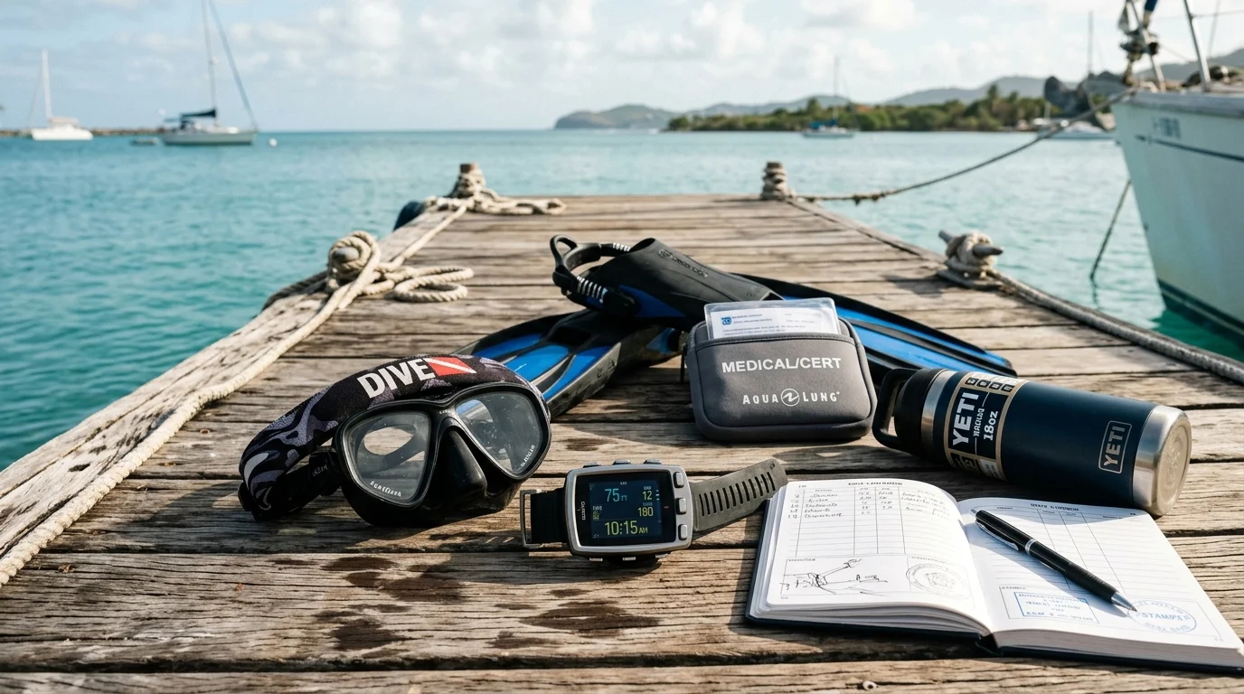 Scuba mask, dive computer, fins, logbook, medical pouch, and water bottle arranged on a wooden pier by the sea.