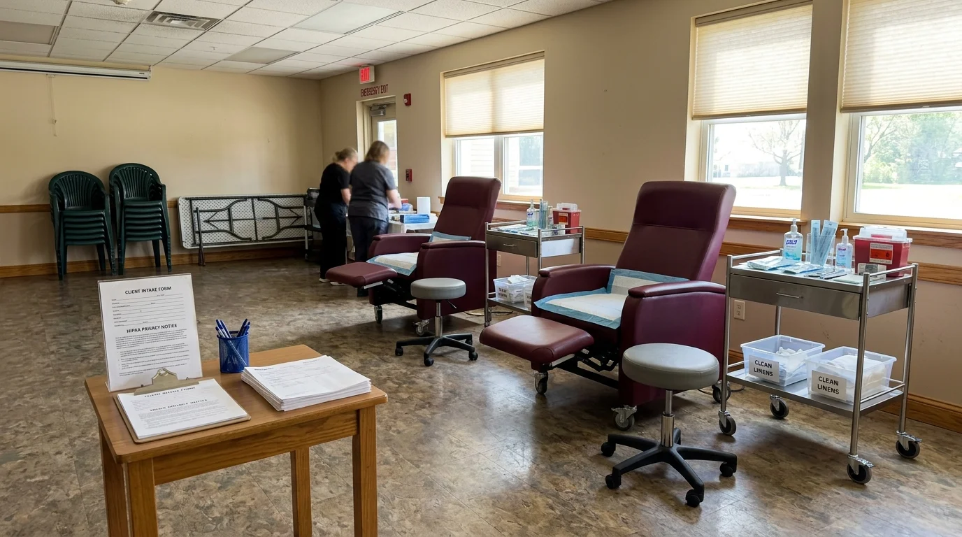 Room prepared with clinical recliners, supply carts, stools, and an intake form desk with two workers in the background.