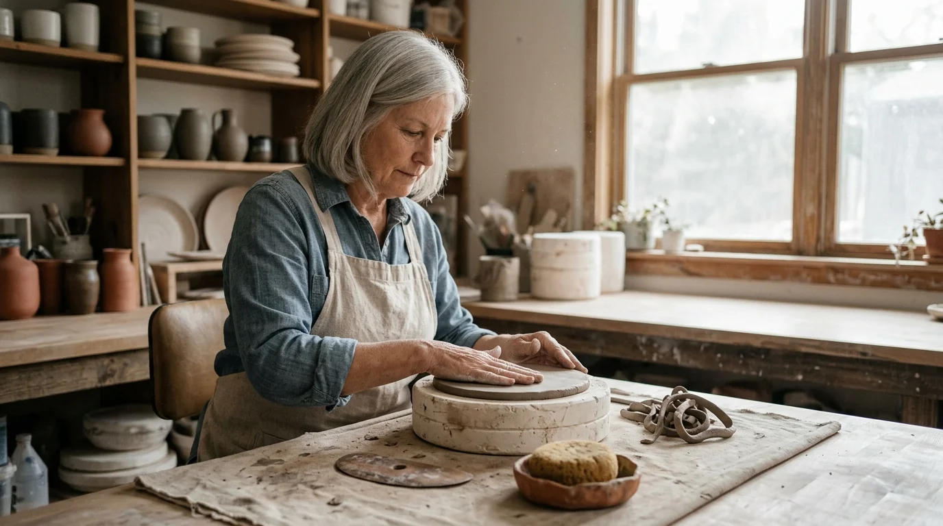 A senior woman in an apron shapes a flat slab of clay over a round mold at a wooden studio workbench.