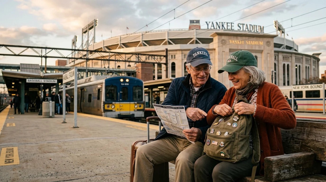 An older couple sitting on a train platform bench holding a map outside Yankee Stadium with a train nearby.