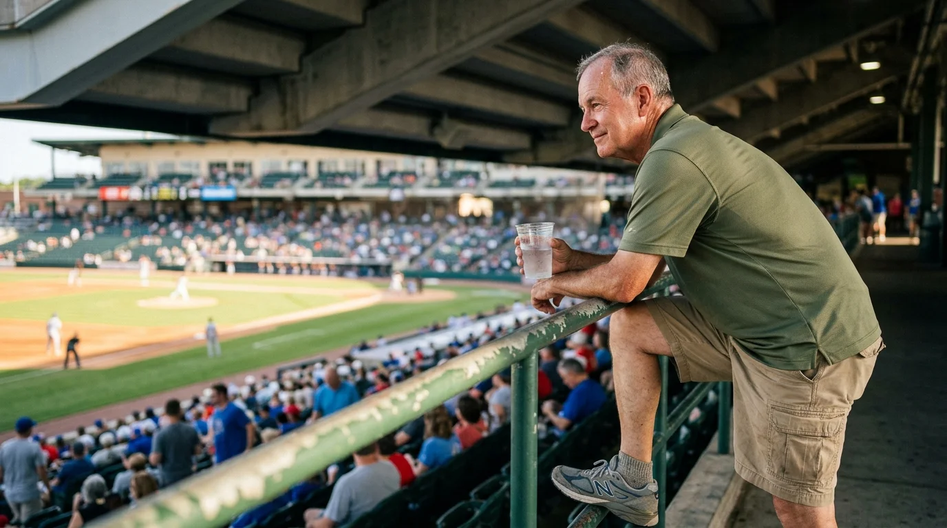A senior man leans against a stadium railing holding a drink and watching a baseball game from the shaded concourse.