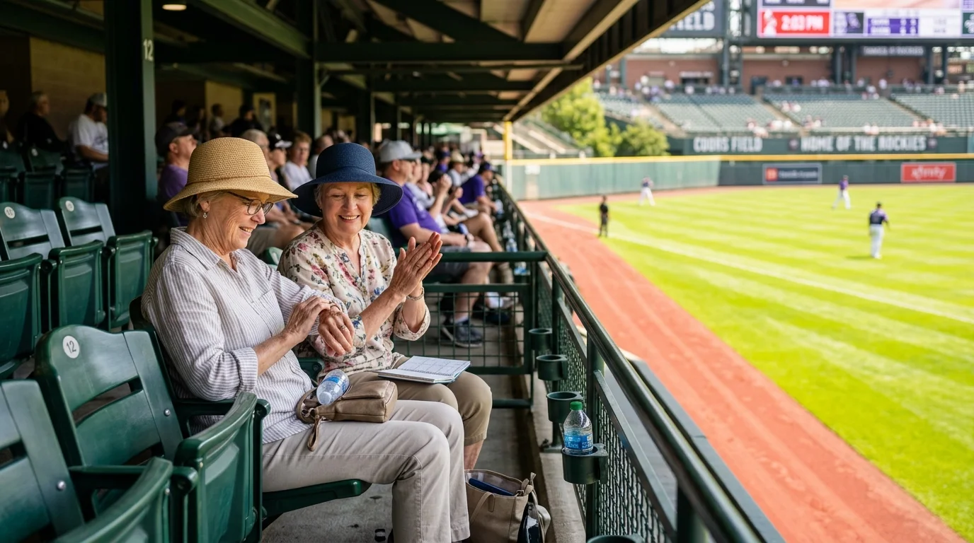 Two senior women wearing sun hats smile while sitting in covered stadium seats during a daytime baseball game.